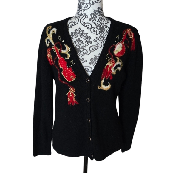Vintage 90s Susan Bristol wool musical cardigan size medium - Picture 1 of 15